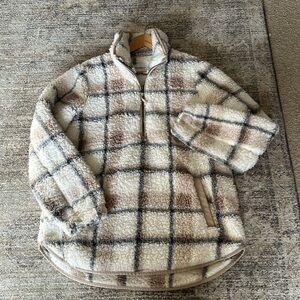 Abercrombie & Fitch Plaid Sherpa Hoodie - Cream and Brown